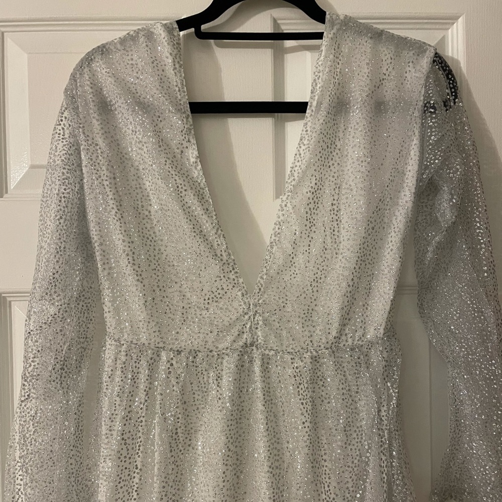 White Silver Shiny Long Dress with Sheer Sleeves and white underlining S - Picture 7 of 11